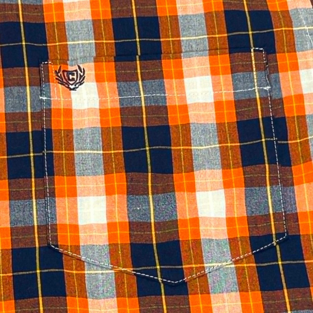 Chaps Mens XXL Easy Care Plaid Button Down Shirt Orange Navy Blue Short Sleeve - Picture 7 of 9